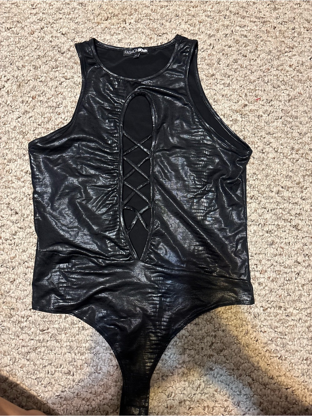 Fashion Nova Black Shiny Lace-Up One-Piece Size L
